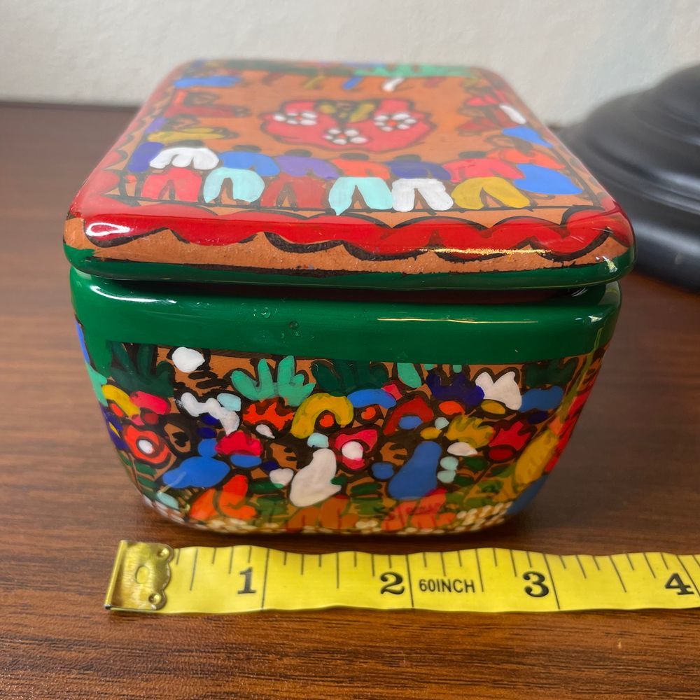Mexican hand painted glazed pottery trinket jewelry red clay box artisan